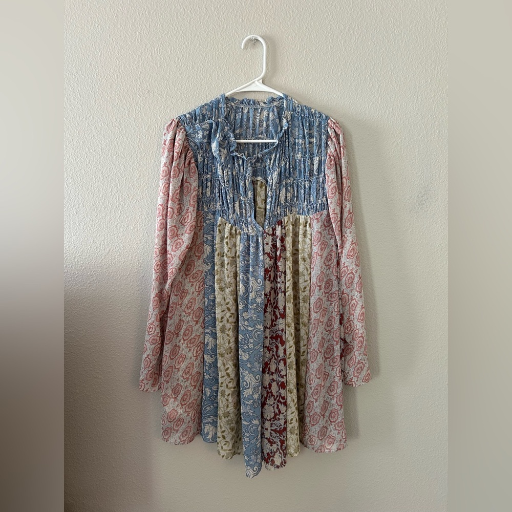 UO Free People Merrie Mix Floral Print Smocked Chiffon Blouse